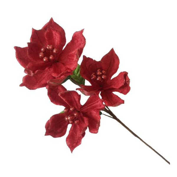 Rama de 3 flores Poinsetia 76cm decorativas color rojas