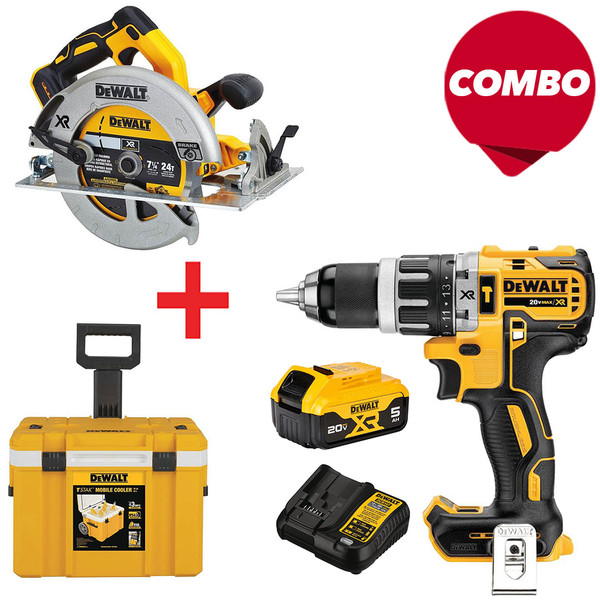 Combo de taladro + sierra + batería de 5Amp + cargador + hielera