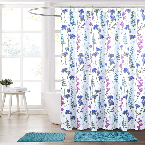 Juego de cortina, ganchos y alfombra Botanical para baño