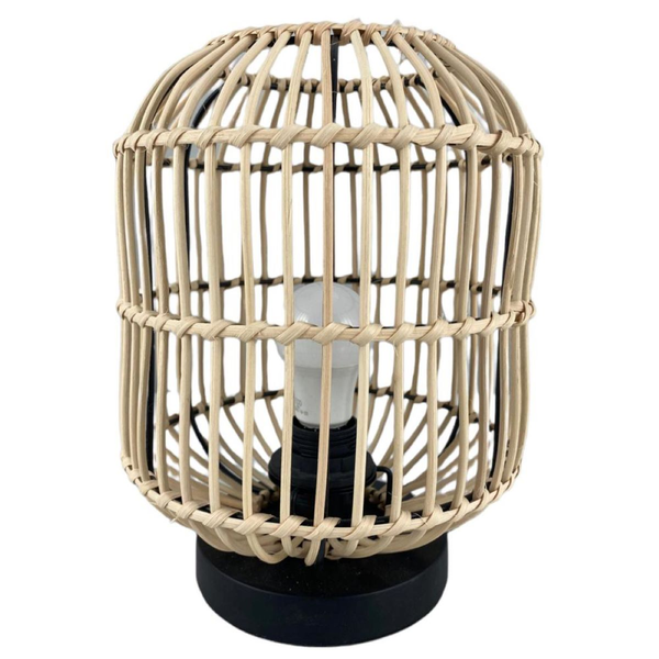 Lámpara de mesa de bambú con base metálica color negra