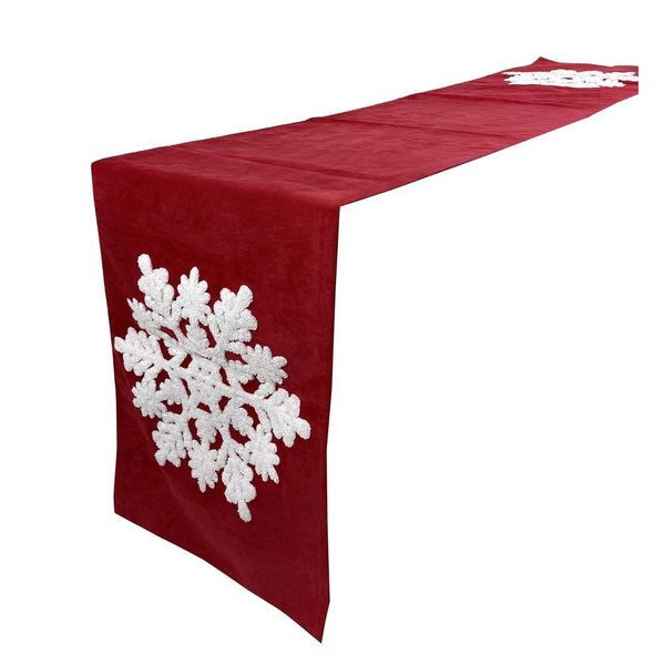 Camino de mesa color rojo con diseño de copo de nieve