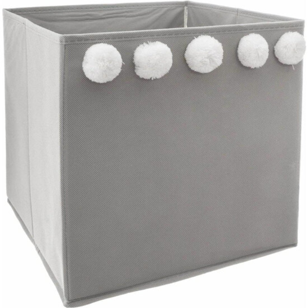 Caja de almacenamiento con pompones color gris