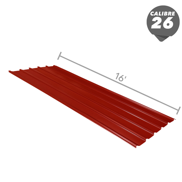 Lámina de zinc color rojo de canal ancho de 42" x 16' de calibre 26