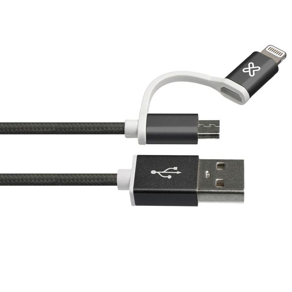 Cable con conector Lightning y micro USB de color negro y blanco
