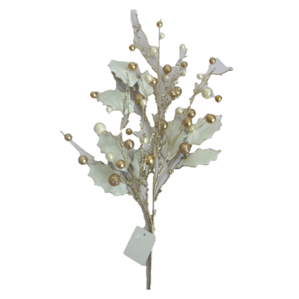Rama artificial 68cm decorativa con perlitas color champaña/blanco
