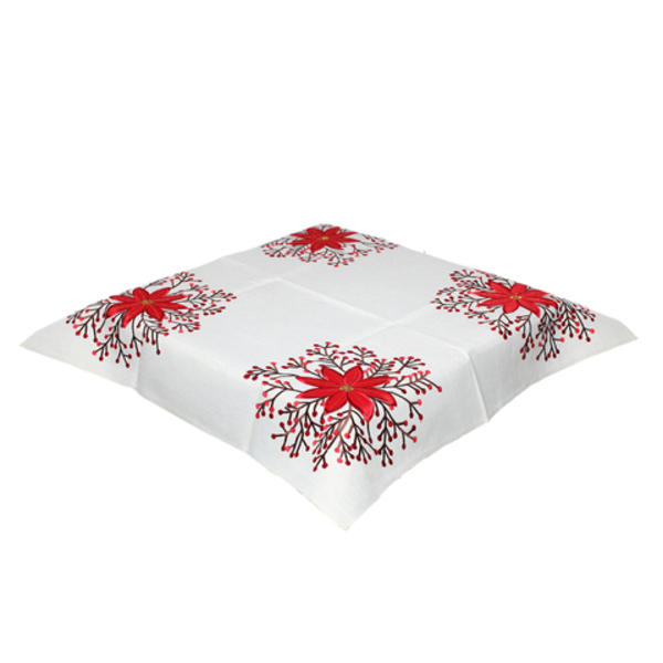 Mantel de mesa bordado 85cm x 85cm con diseño de flor color blanco