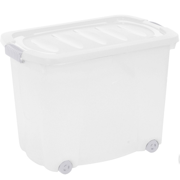 Caja plástica blanca de 60L con tapa y ruedas