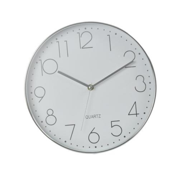 Reloj de pared de 30 cm borde plateado fondo blanco
