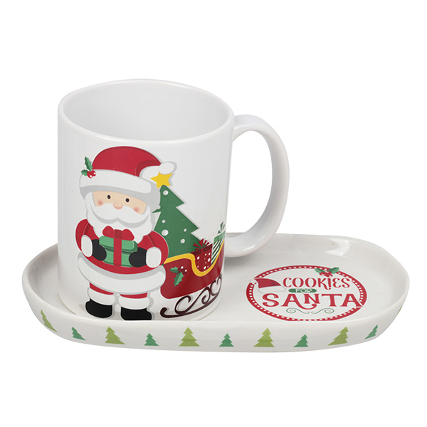 Taza con plato navideño con diseño de Santa Claus de cerámica