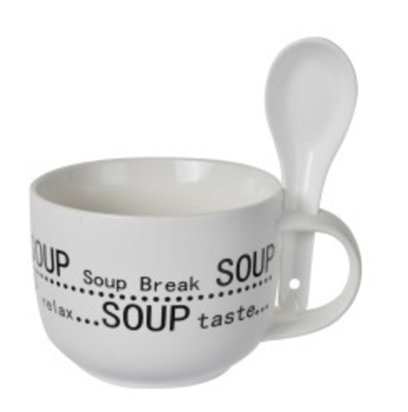 Taza blanca de cerámica para sopa con cuchara