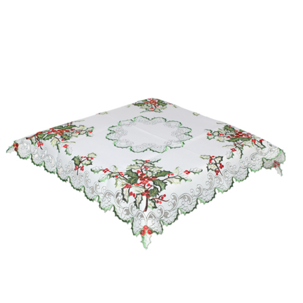 Mantel de mesa bordado 85cm x 85cm  con diseño Poinsetia color blanco