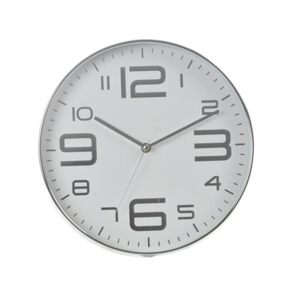 Reloj de pared de 30 cm borde plateado fondo blanco números grises