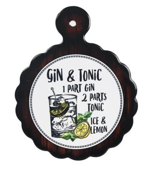Placa decorativa plástica con frase Gin & Tonic de color negro
