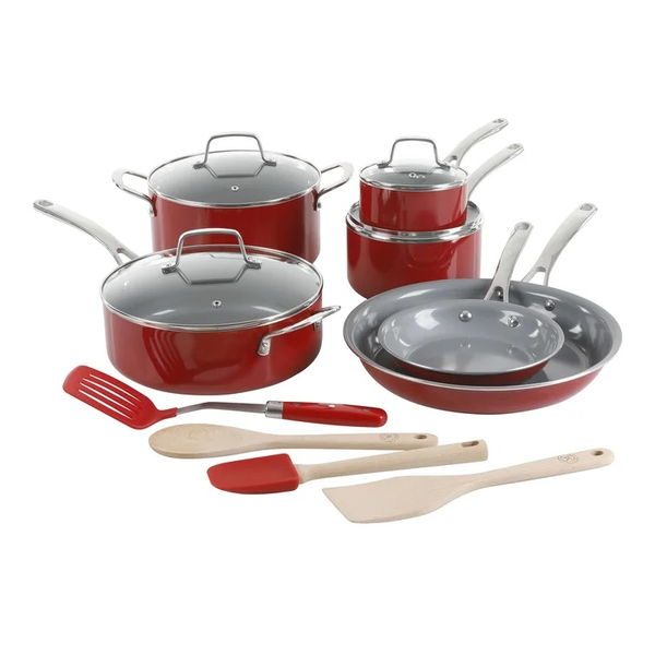 Juego de ollas, sartenes y utensilios de cocina color rojo - 14 piezas