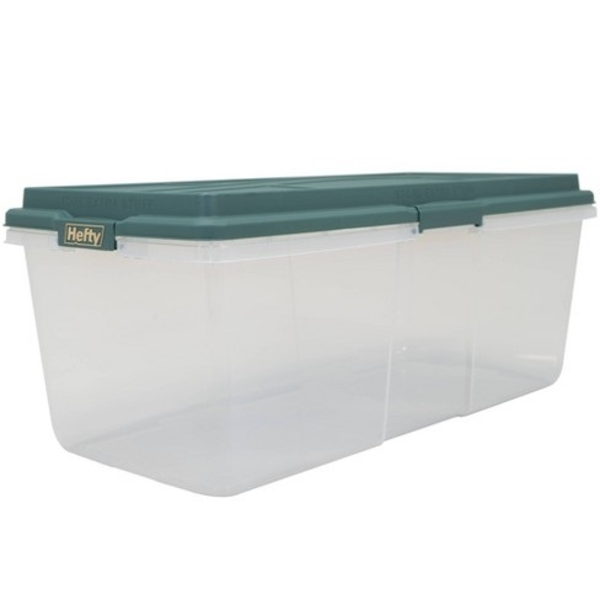 Caja plástica transparente tapa verde 113 Qt Hefty