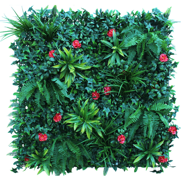 Follaje artificial de 1m x 1m con flores rojas