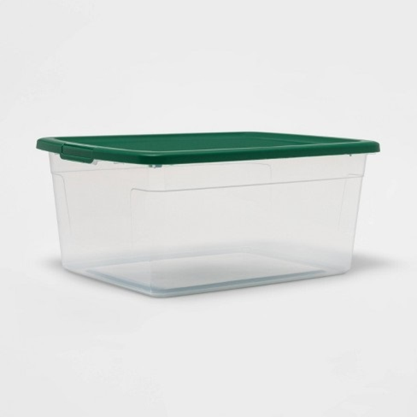 Caja plástica transparente con tapa verde de 53 Qt