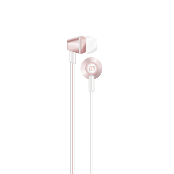 Audífonos metálicos rosados con micrófono y tapón de silicona