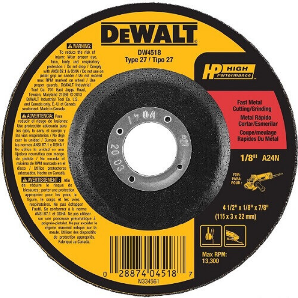 Disco de 4-1/2" x 1/8" x 7/8" Tipo 27 para corte de metal DEWALT