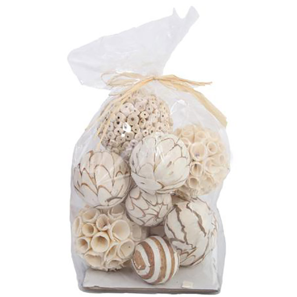 Bolsa de esferas decorativas crema con blanco