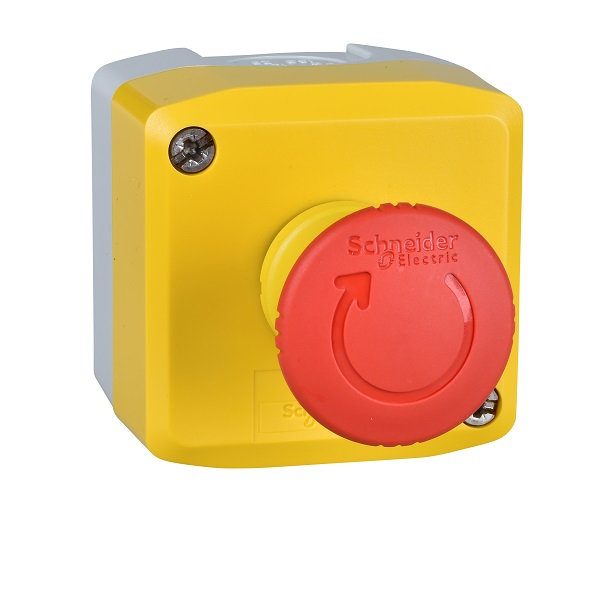 Pulsador rotativo rojo de 40mm con estación de control color amarillo