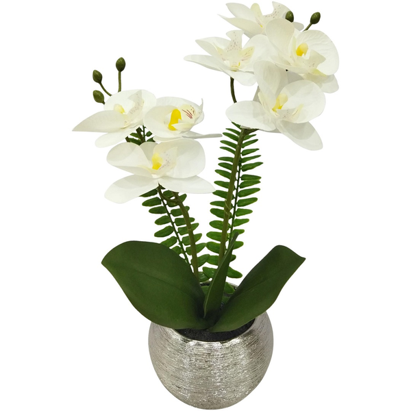 Orquídea artificial blanca con pote plateado de 33cm