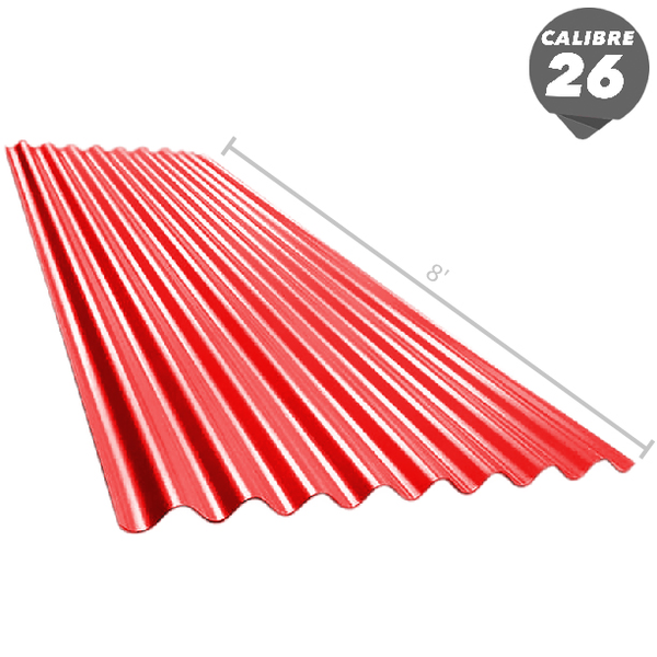Lámina de zinc corrugado de 42" x 8' de c 26 esmaltado rojo