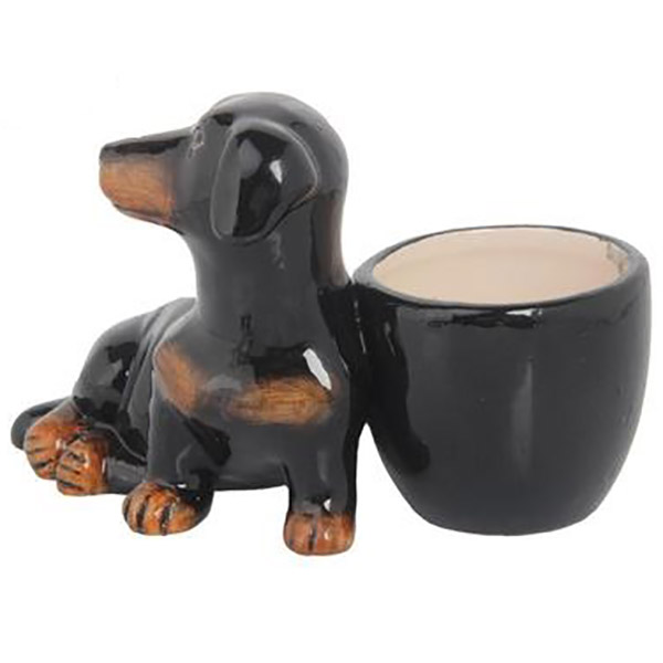 Pote de cerámica con estatuilla de perro salchicha 17 x 10.5 x 11cm