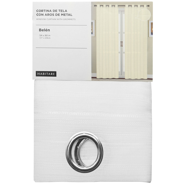Cortina de tela de 54" x 90" Belén color blanco con aros de metal