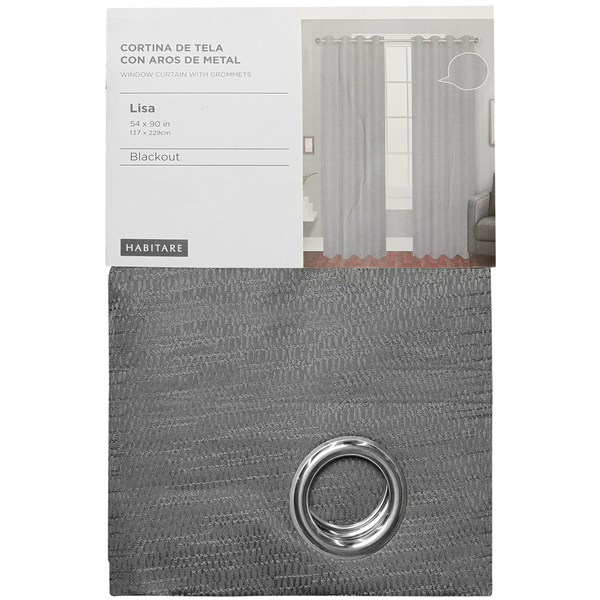 Cortina de tela Blackout de 54"x90" Lisa color gris con aros de metal