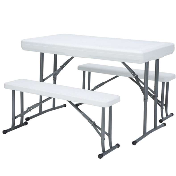 Juego de mesa y sillas plásticas rectangulares con patas plegables