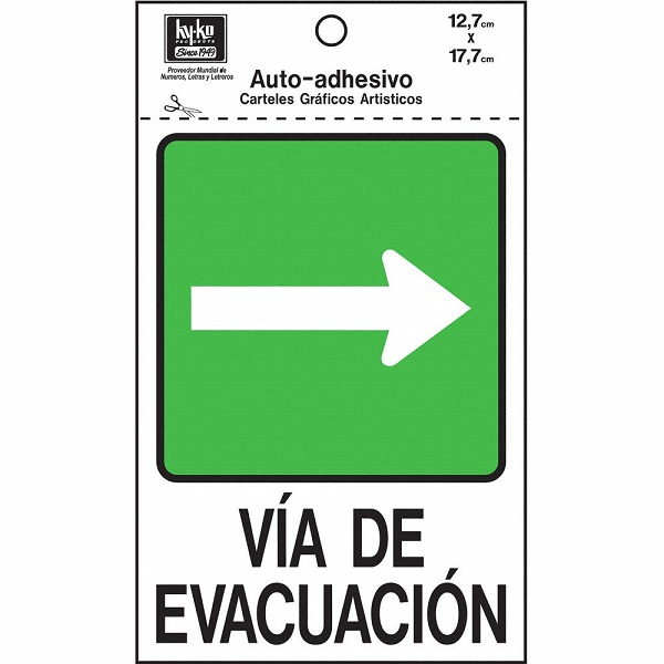 Letrero de 5" x 7" con frase "Vía de Evacuación" hacia la derecha