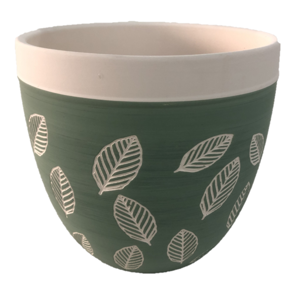 Pote de cerámica 12cm x 13cm con diseño de hoja color verde