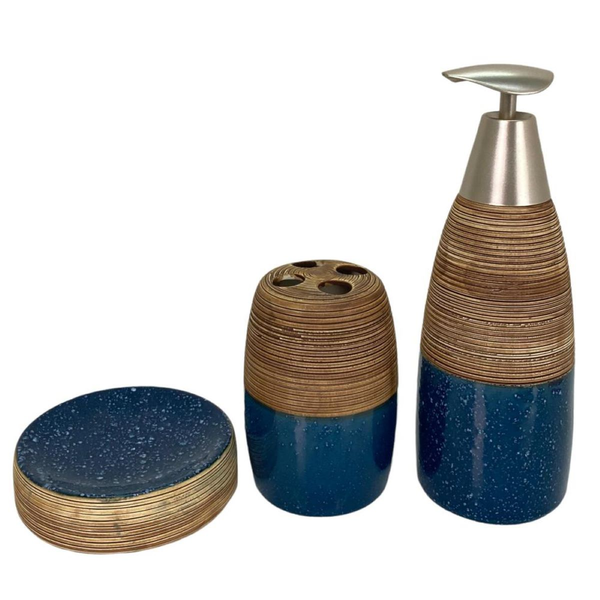 Juego de accesorios con diseño de madera para baño color azul