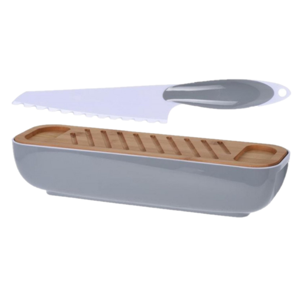 Caja de pan con tabla de bambú y cuchillo ABS color gris