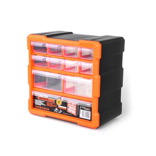 Organizador plástico con 12 cajones color negro y naranja