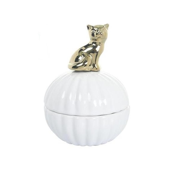 Joyero de cerámica de color blanco con gato dorado