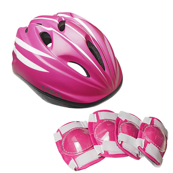 Juego de casco y rodilleras para protección de color rosado