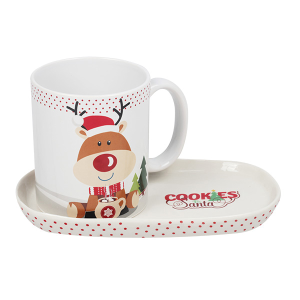 Taza con plato navideño con diseño de reno de cerámica